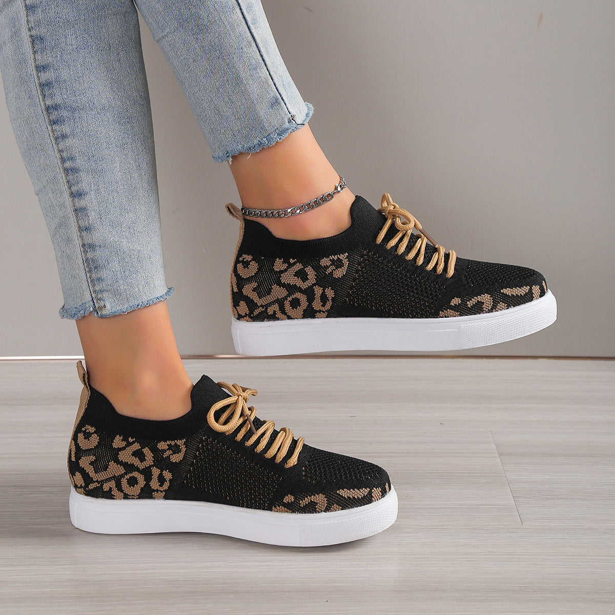 Lace-Up Black Leopard Flat Sneakers