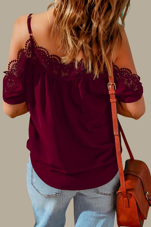 Spaghetti Strap Cold-Shoulder Lace Trim Blouse