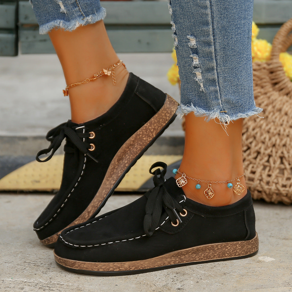 Black Suede Lace-Up Flat Slip-Ons