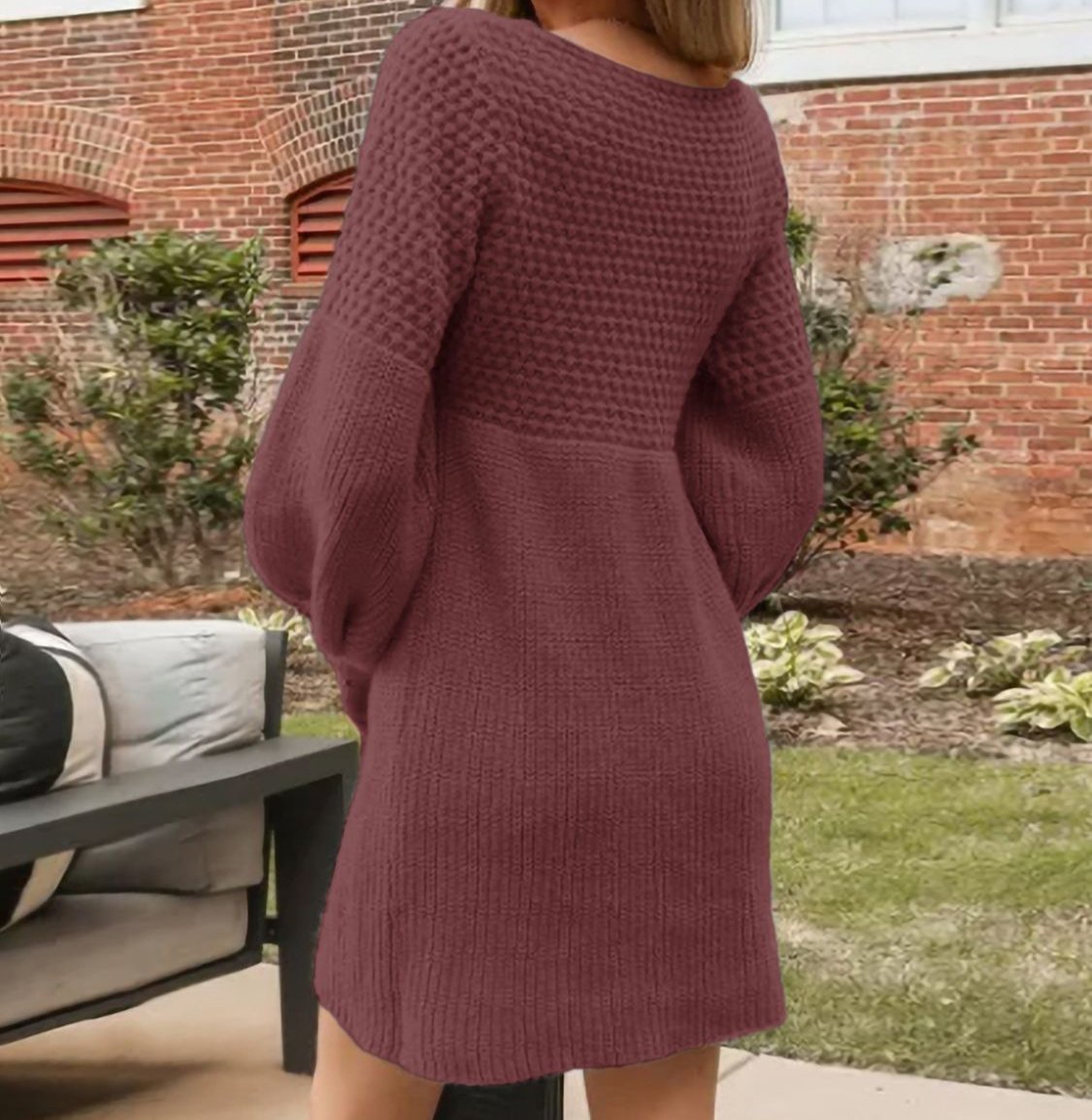 Perfee V-Neck Long Sleeve Sweater Dress