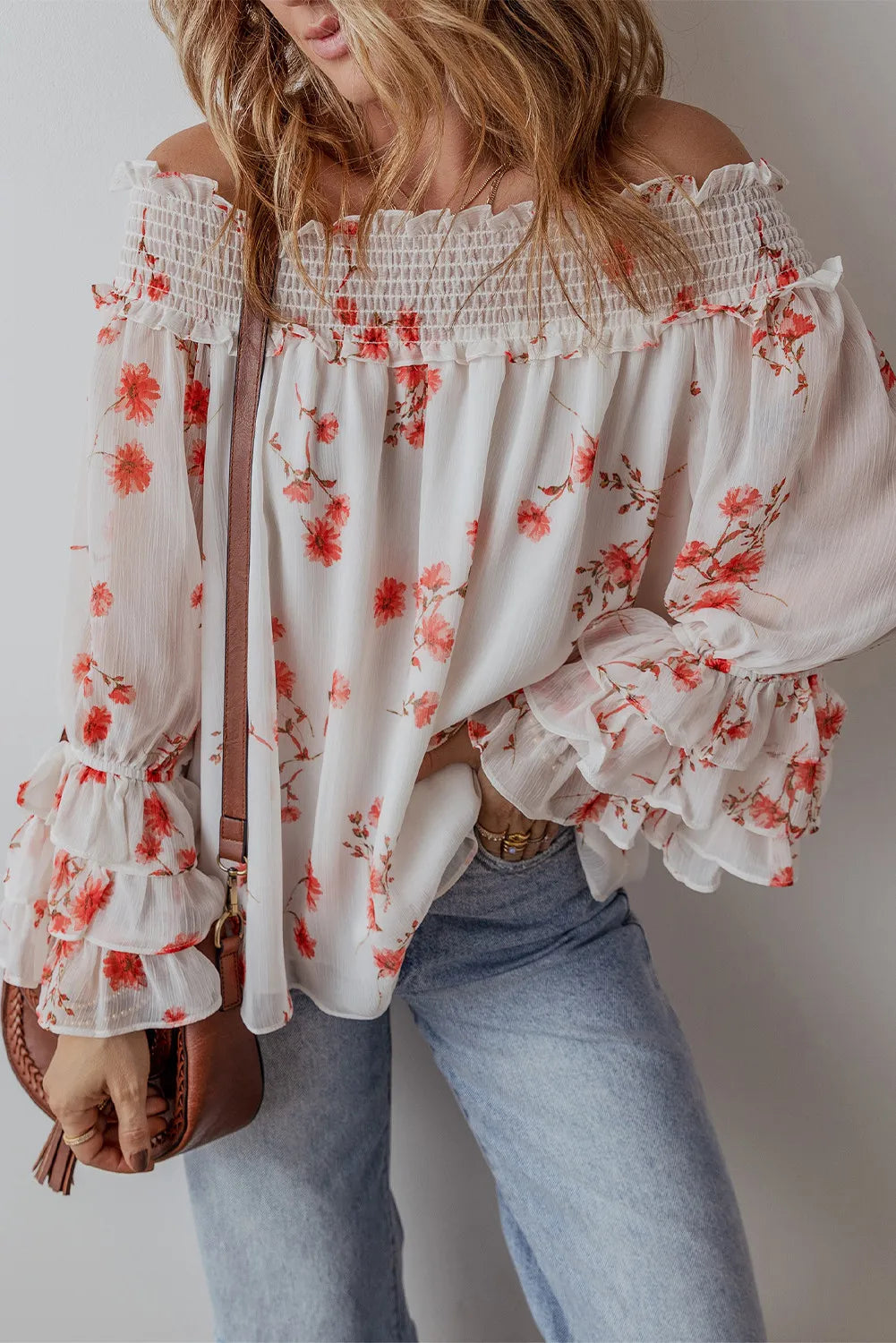 Printed Off-Shoulder Long Sleeve Blouse