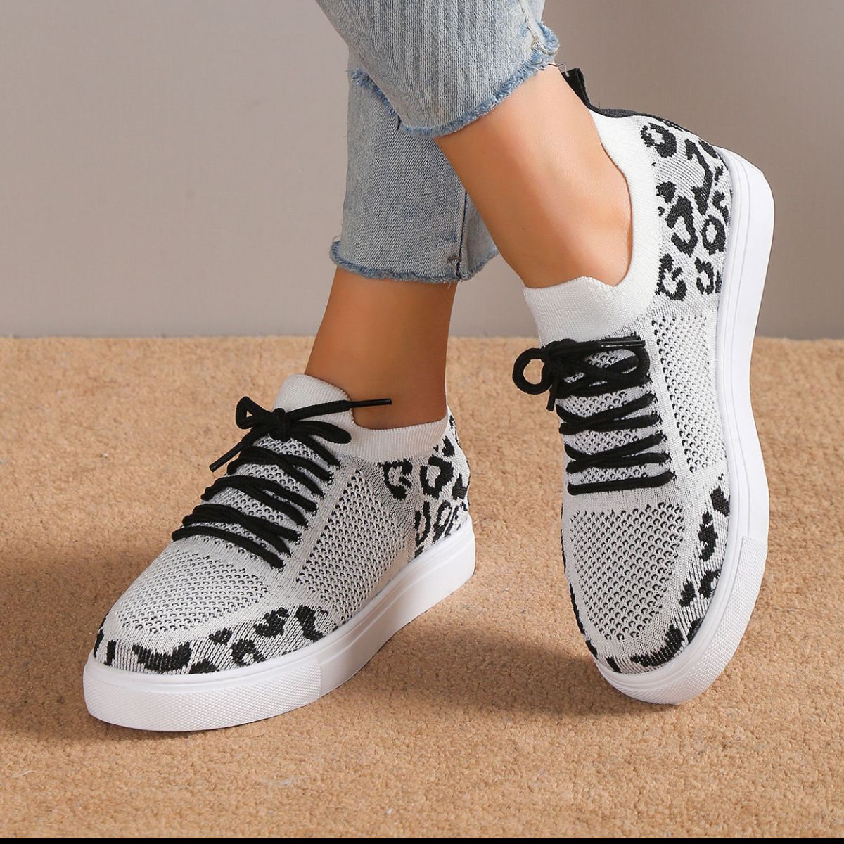 Lace-Up White Leopard Flat Sneakers