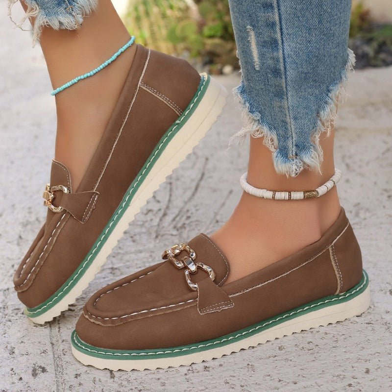 PU Coffee Brown Leather Flat Slip-Ons