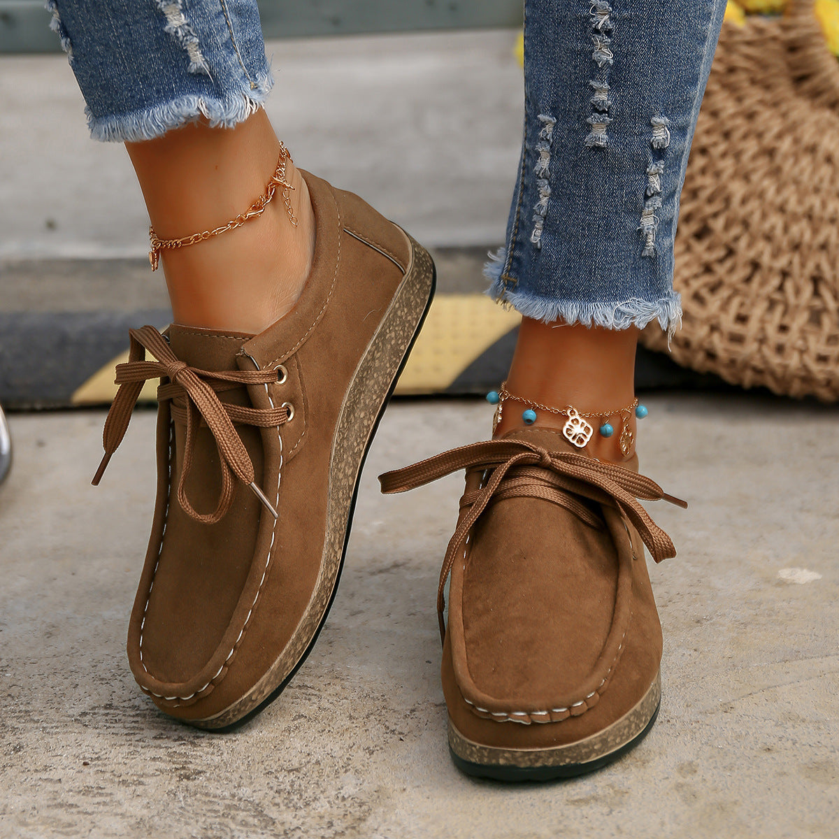 Coffee Brown Suede Lace-Up Flat Slip-Ons