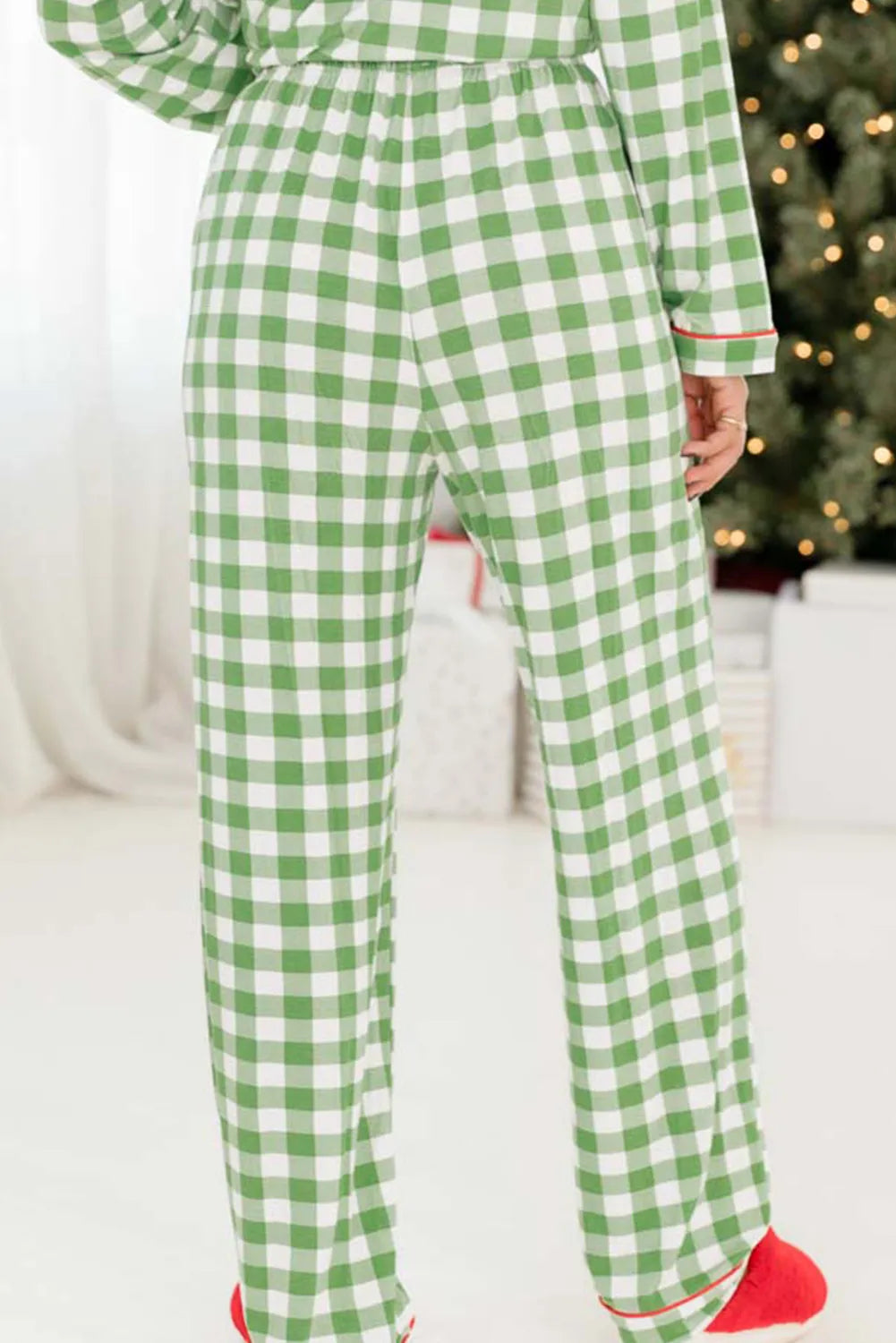 Contrast Piping Gum Leaf Plaid Top and Pants Lounge Set