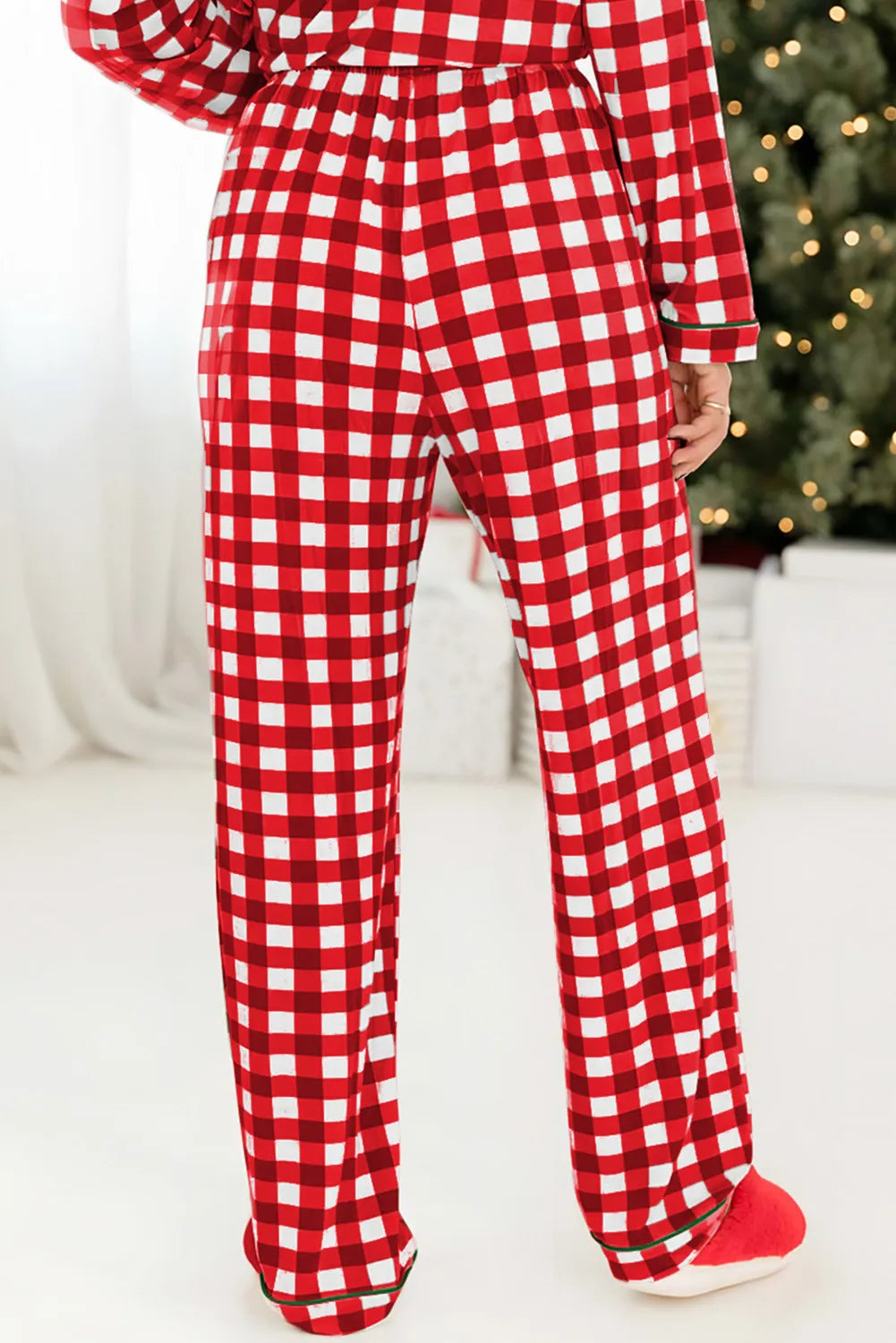 Contrast Piping Deep Red Plaid Top and Pants Lounge Set