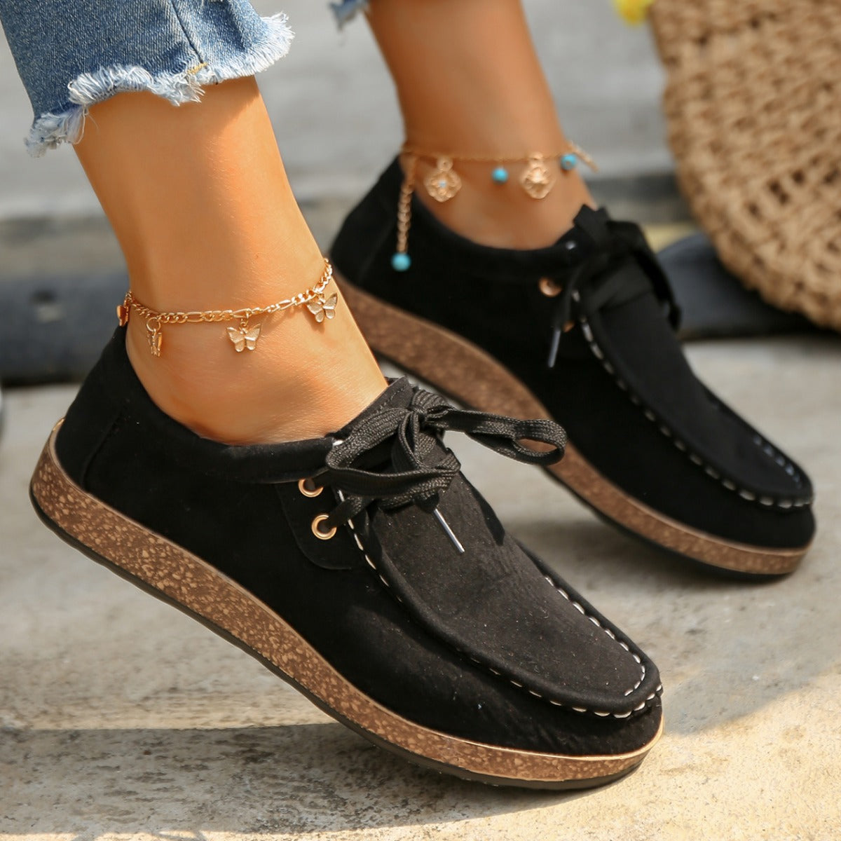 Black Suede Lace-Up Flat Slip-Ons