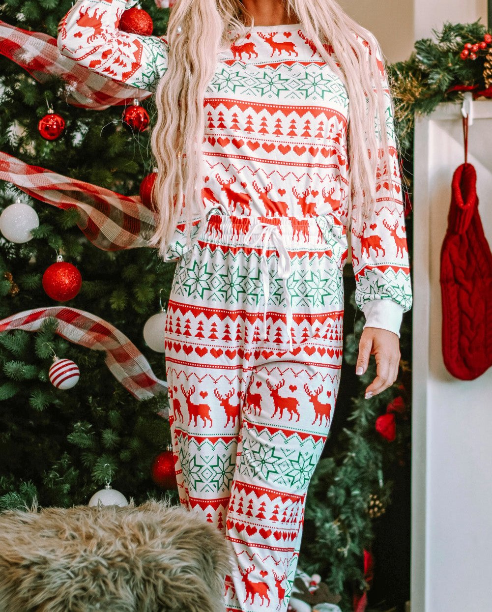 Christmas Element Round Neck Top and Pants Lounge Set