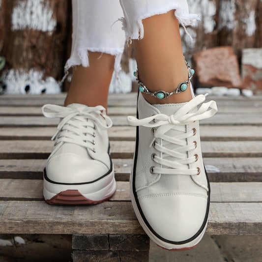 Contrast Trim Round Toe Platform White Canvas Sneakers