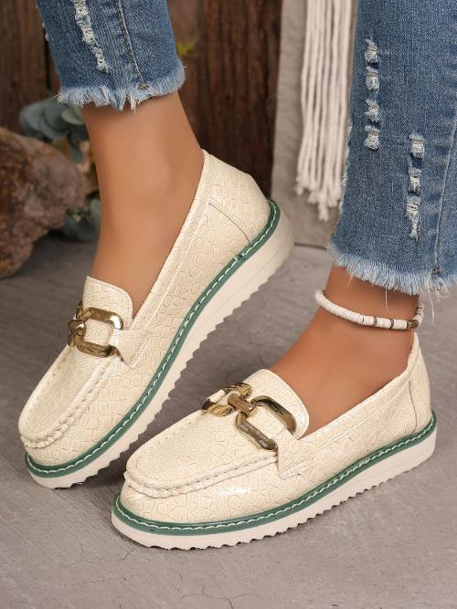 PU Ivory Leather Buckle Trim Loafers