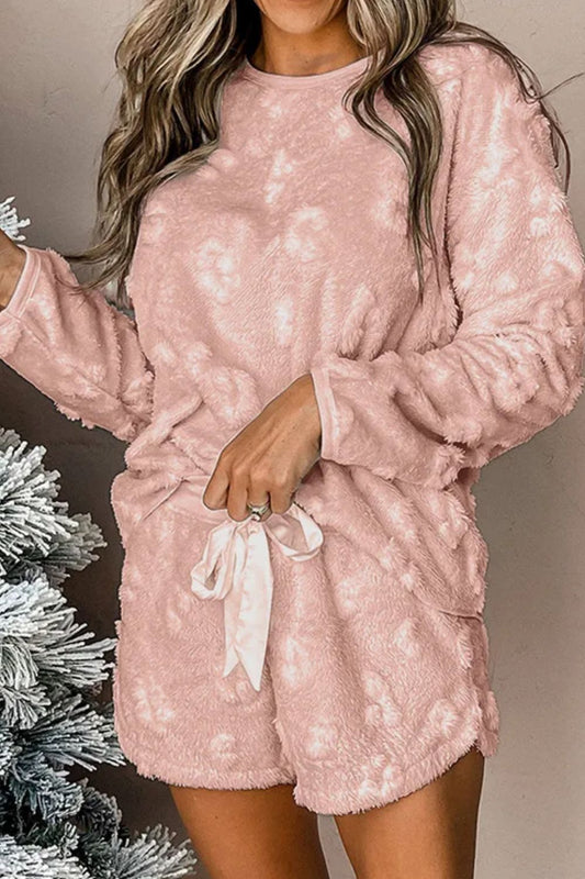 Blush Pink Round Neck Long Sleeve Top and Shorts Lounge Set