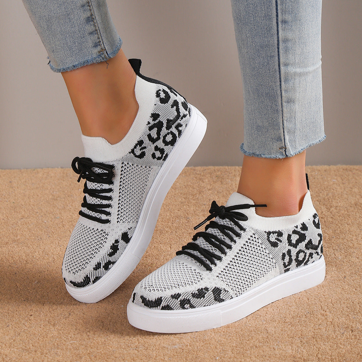 Lace-Up White Leopard Flat Sneakers