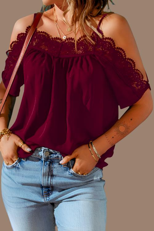 Spaghetti Strap Cold-Shoulder Lace Trim Blouse