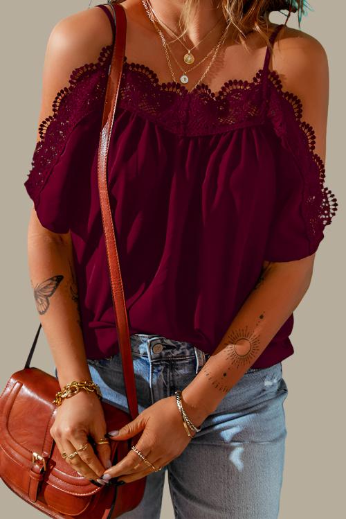 Spaghetti Strap Cold-Shoulder Lace Trim Blouse