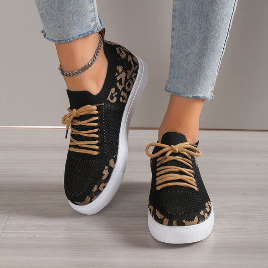 Lace-Up Black Leopard Flat Sneakers