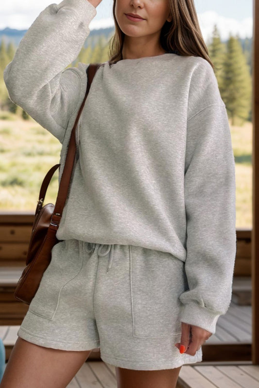 Gray Round Neck Dropped Shoulder Sweatshirt and Shorts Set