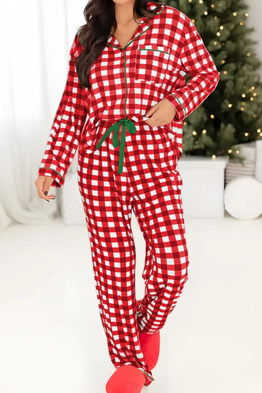 Contrast Piping Deep Red Plaid Top and Pants Lounge Set