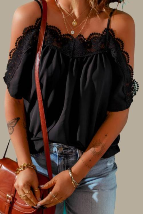 Spaghetti Strap Cold-Shoulder Lace Trim Blouse