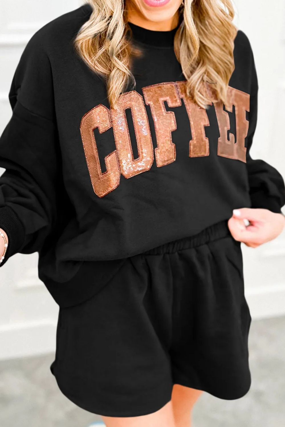 COFFEE Sequin Black Round Neck Long Sleeve Top and Shorts Set