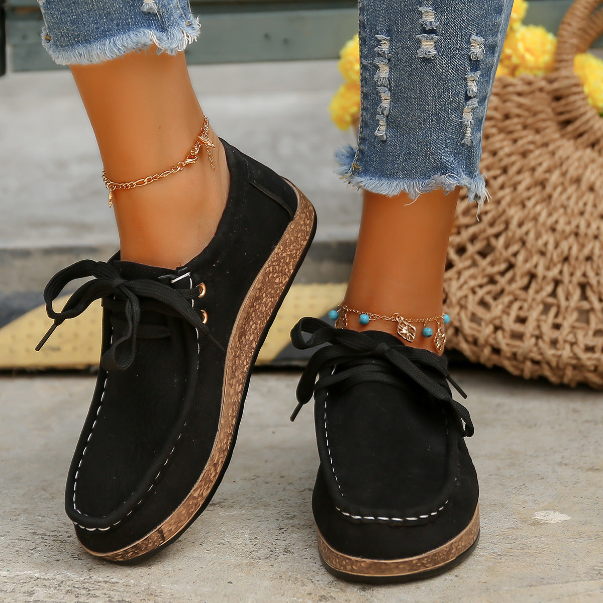 Black Suede Lace-Up Flat Slip-Ons