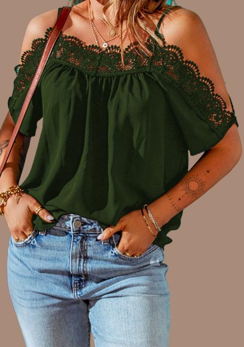 Spaghetti Strap Cold-Shoulder Lace Trim Blouse