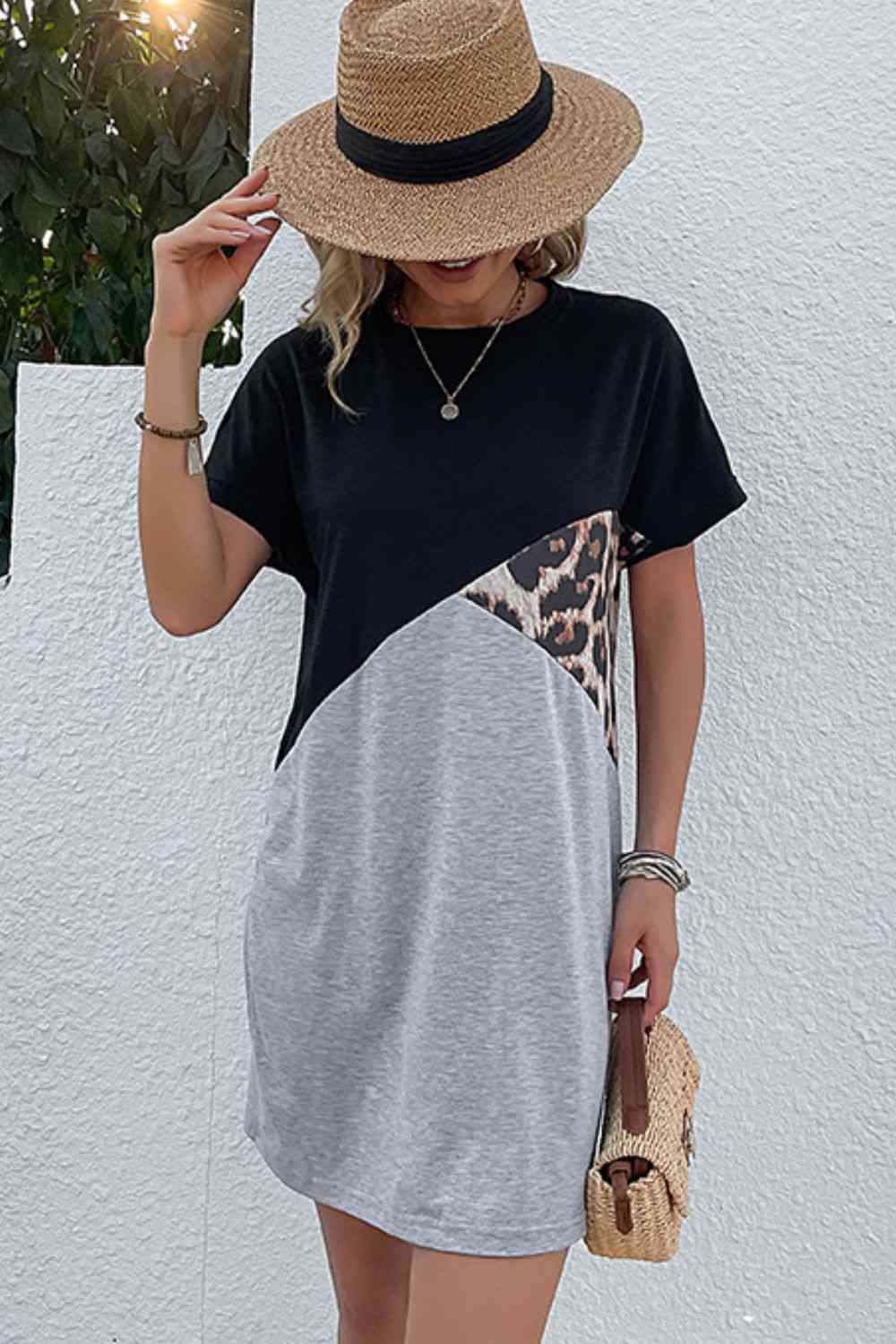 Color Block Leopard Tee Dress Trendsi