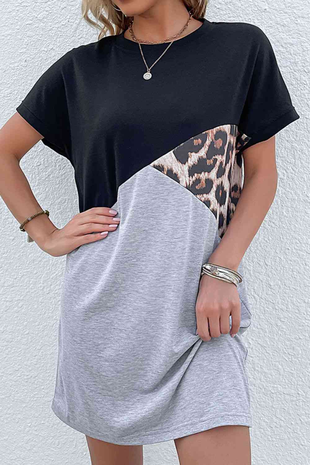 Color Block Leopard Tee Dress Trendsi