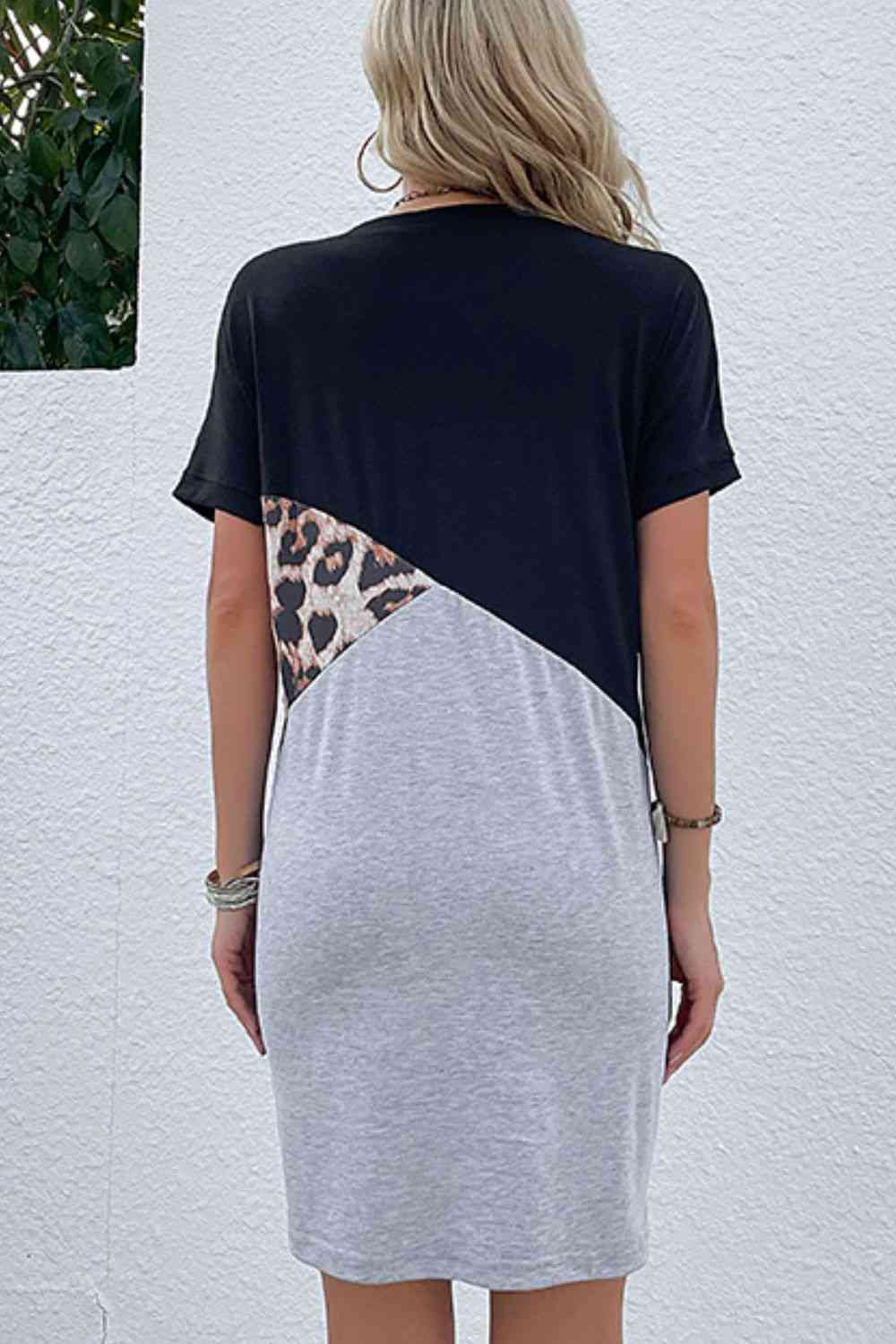 Color Block Leopard Tee Dress Trendsi