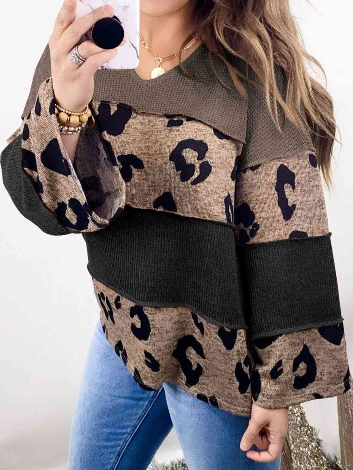 Color Block Leopard V-Neck Blouse Trendsi