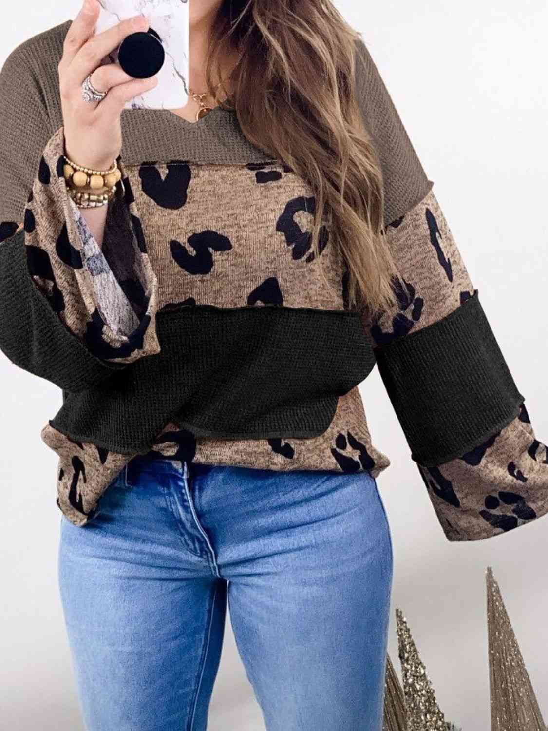 Color Block Leopard V-Neck Blouse Trendsi