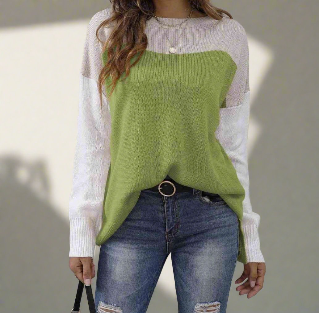 Color Block Round Neck Dropped Shoulder Sweater Trendsi