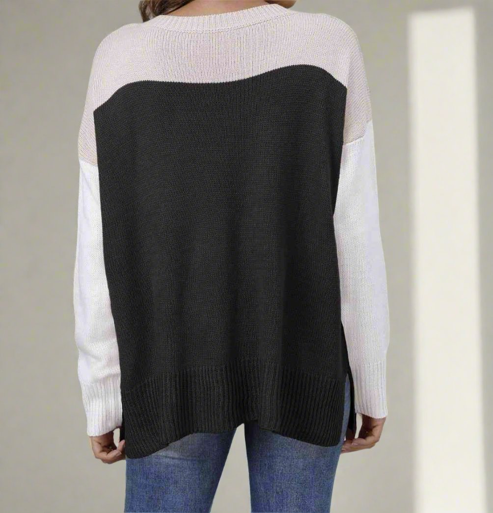 Color Block Round Neck Dropped Shoulder Sweater Trendsi