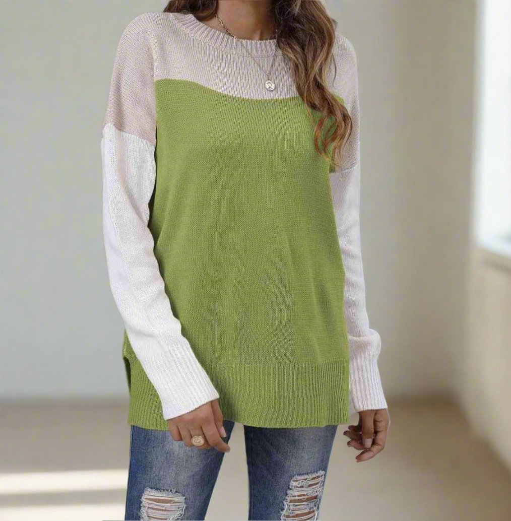 Color Block Round Neck Dropped Shoulder Sweater Trendsi