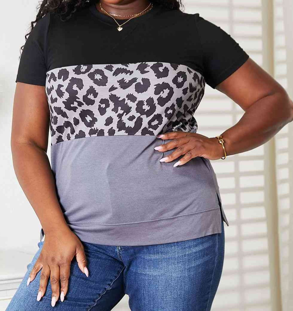 Double Take Leopard Print Color Block Short Sleeve T-Shirt Trendsi