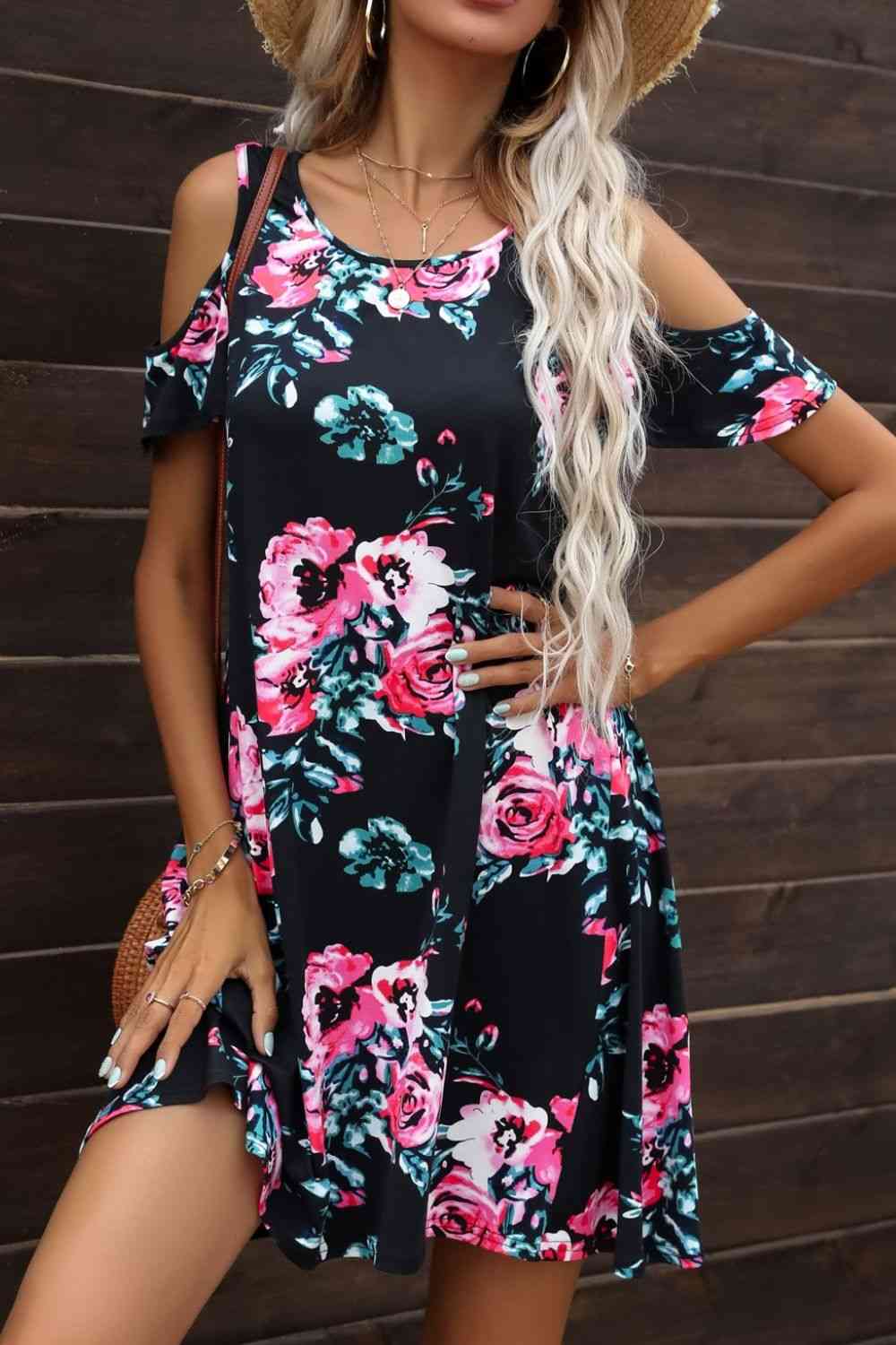 Floral Round Neck Cold-Shoulder Dress Trendsi