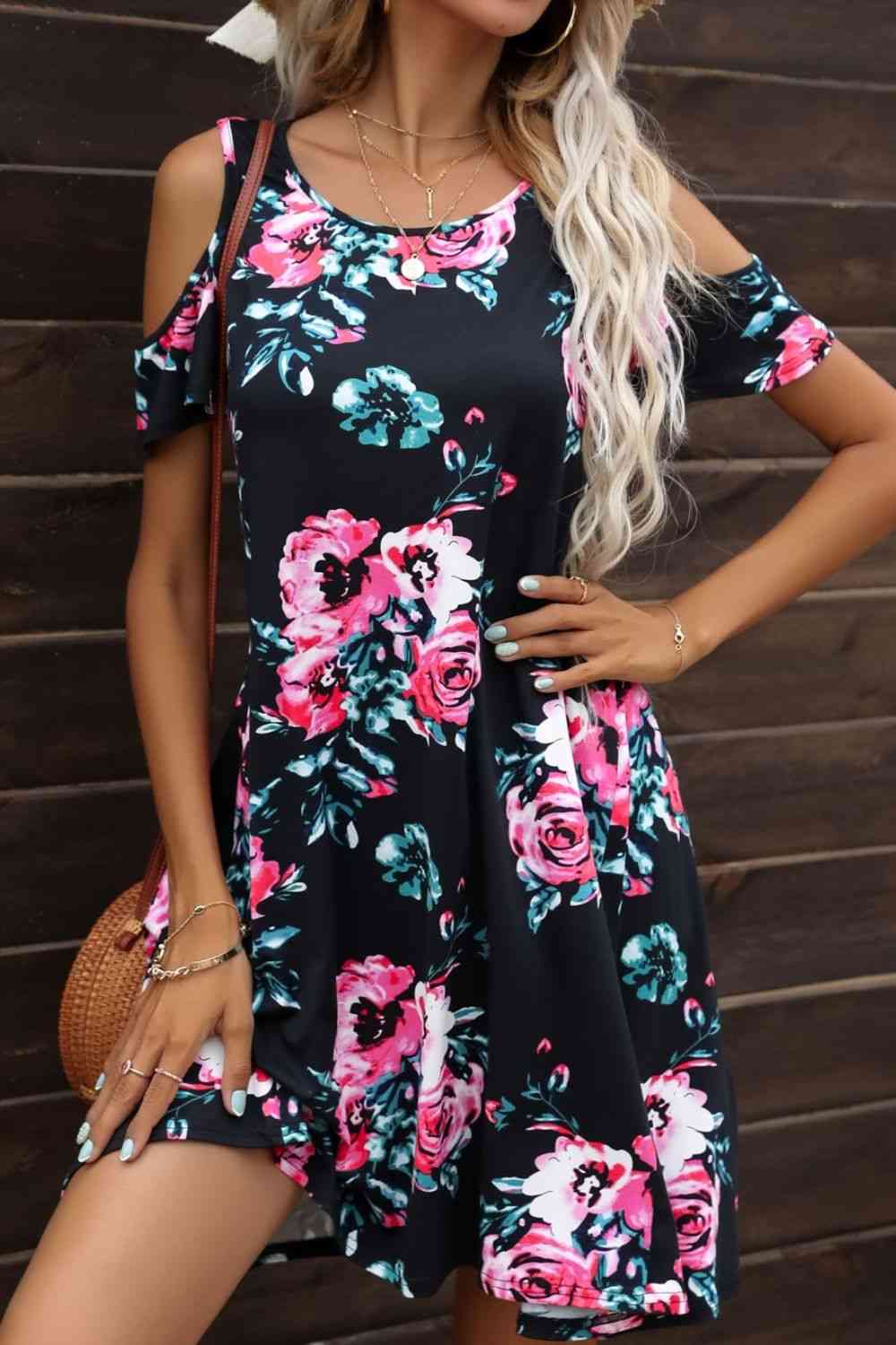 Floral Round Neck Cold-Shoulder Dress Trendsi