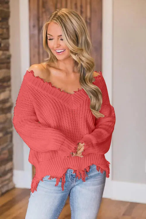 Frayed Hem Dropped Shoulder Sweater Trendsi