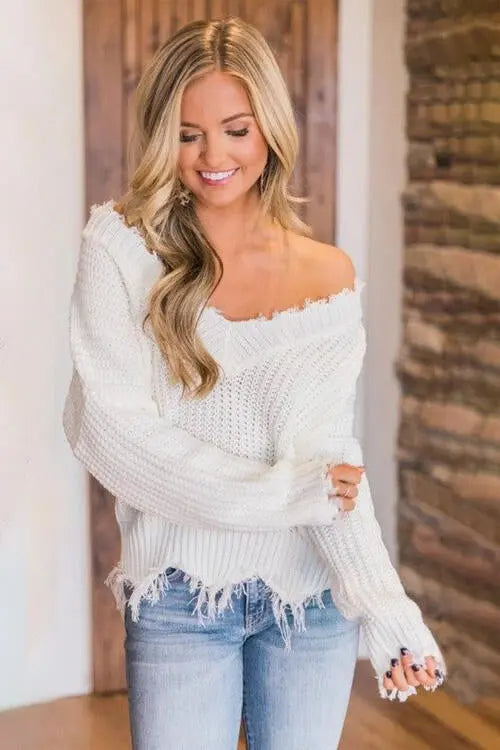 Frayed Hem Dropped Shoulder Sweater Trendsi