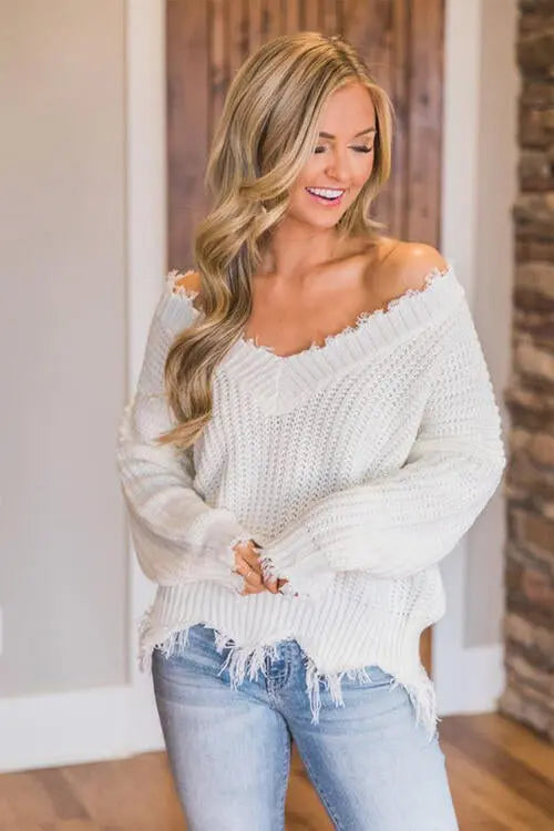 Frayed Hem Dropped Shoulder Sweater Trendsi