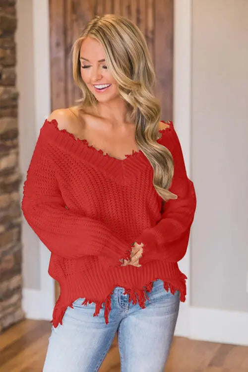 Frayed Hem Dropped Shoulder Sweater Trendsi