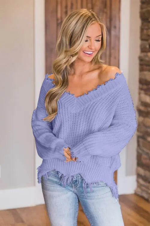 Frayed Hem Dropped Shoulder Sweater Trendsi