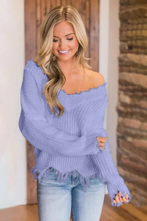 Frayed Hem Dropped Shoulder Sweater Trendsi