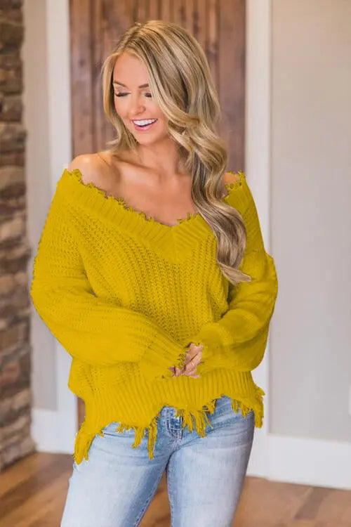 Frayed Hem Dropped Shoulder Sweater Trendsi