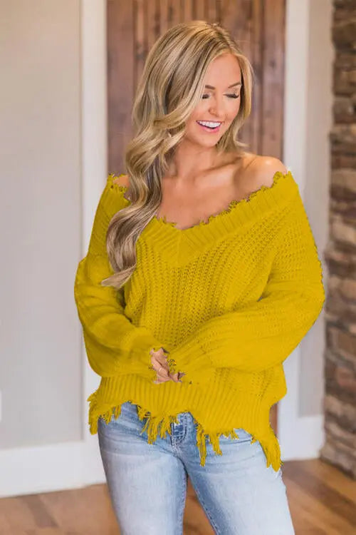 Frayed Hem Dropped Shoulder Sweater Trendsi