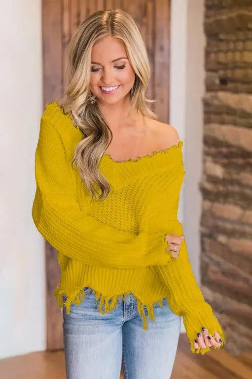 Frayed Hem Dropped Shoulder Sweater Trendsi