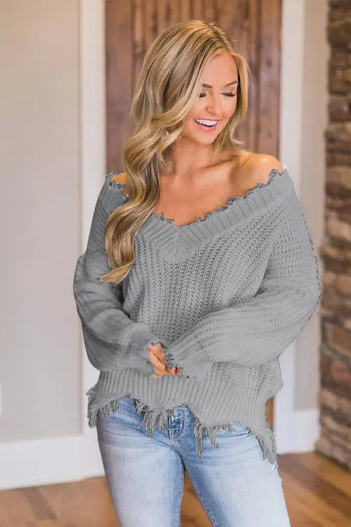 Frayed Hem Dropped Shoulder Sweater Trendsi