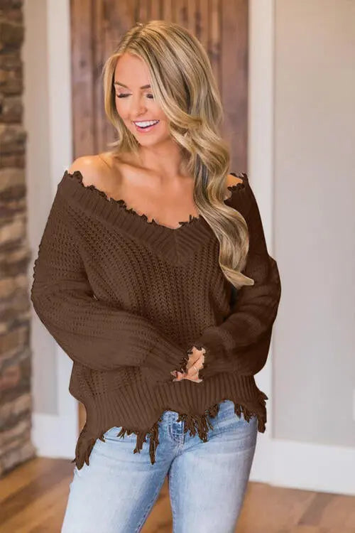 Frayed Hem Dropped Shoulder Sweater Trendsi