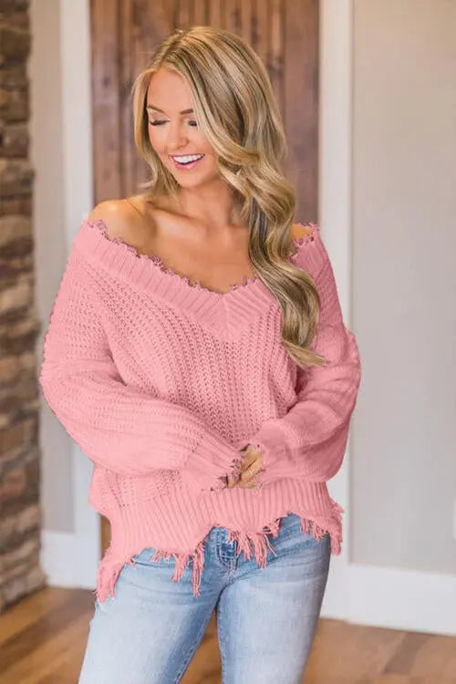 Frayed Hem Dropped Shoulder Sweater Trendsi