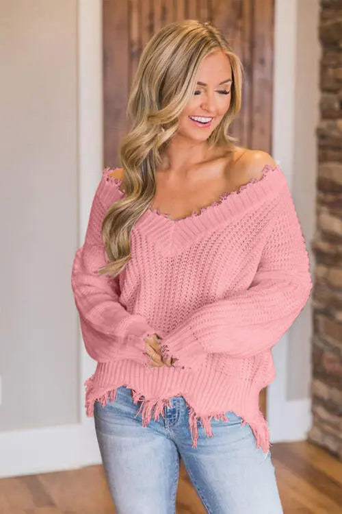 Frayed Hem Dropped Shoulder Sweater Trendsi