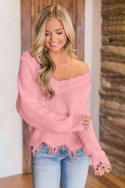 Frayed Hem Dropped Shoulder Sweater Trendsi